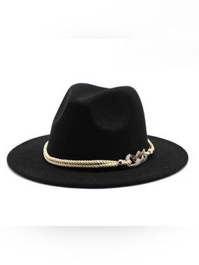 Black Wide-Brim Wool Fedora with Gold Rope Band